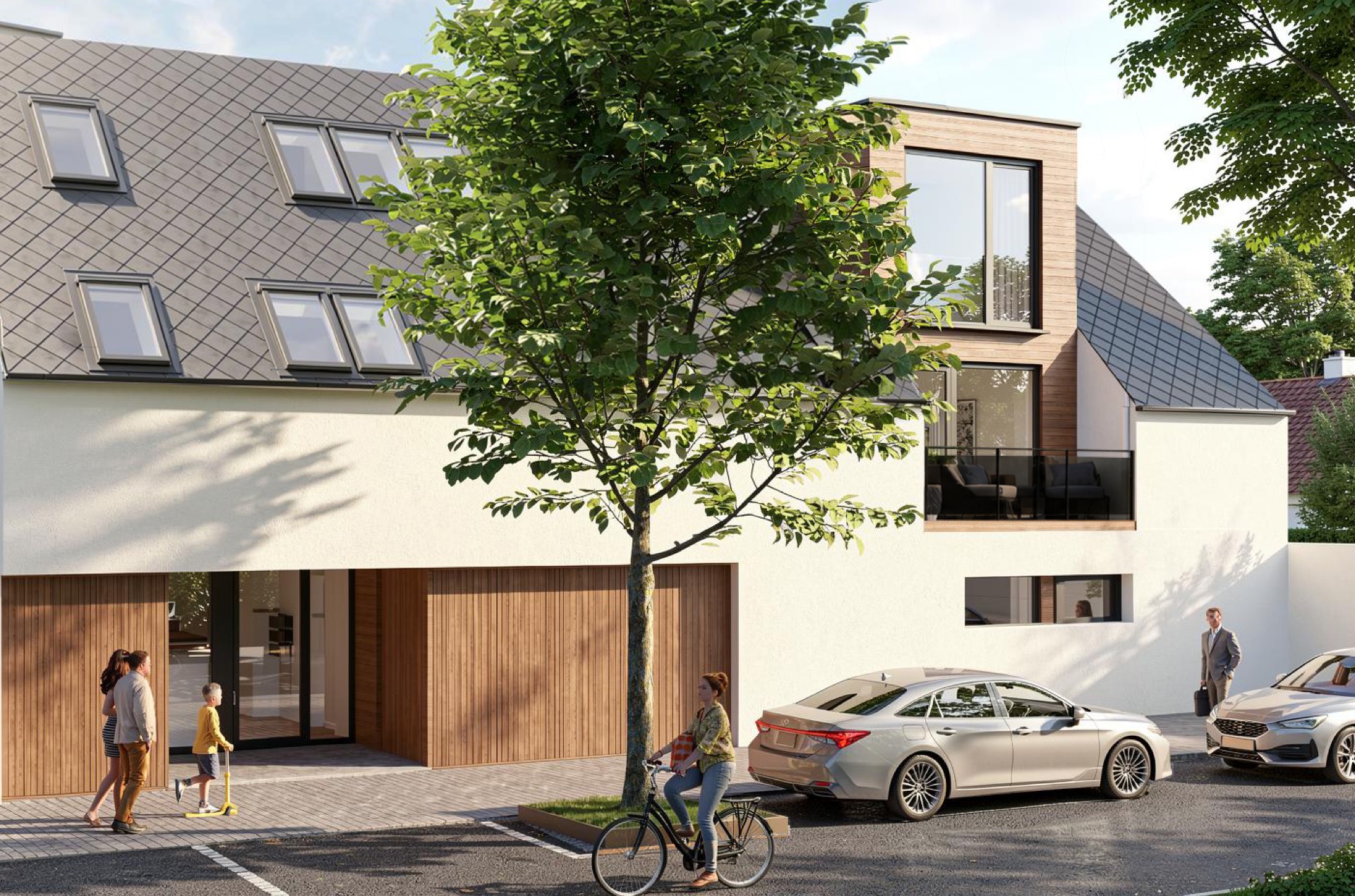 Straßenansicht mit Eingang und Holzfassade