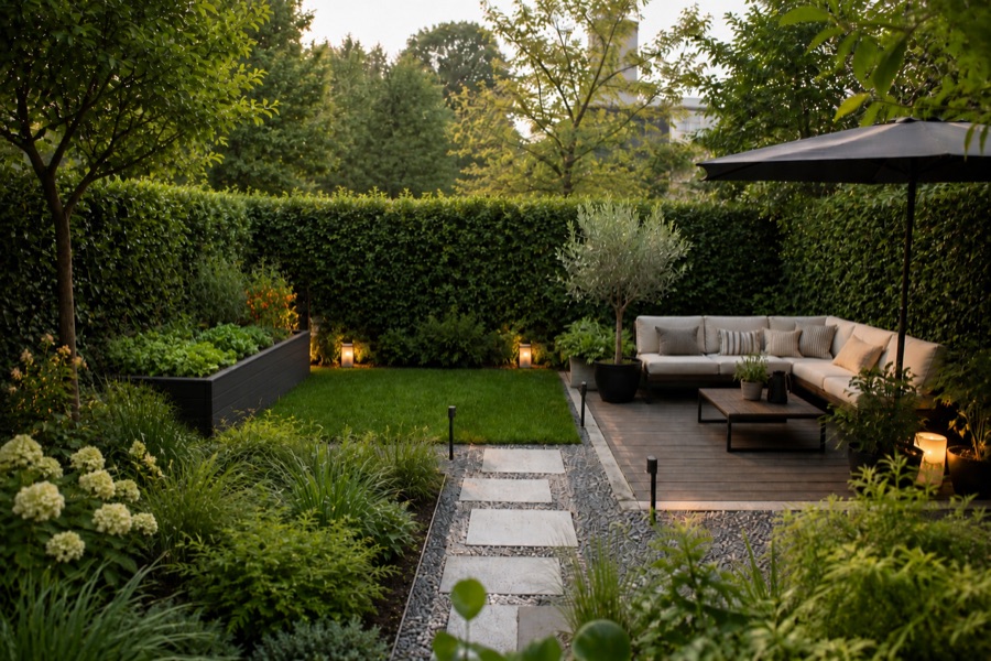Beispiel für eine gestaltete Gartenparzelle mit Rasen, Hochbeet und Lounge