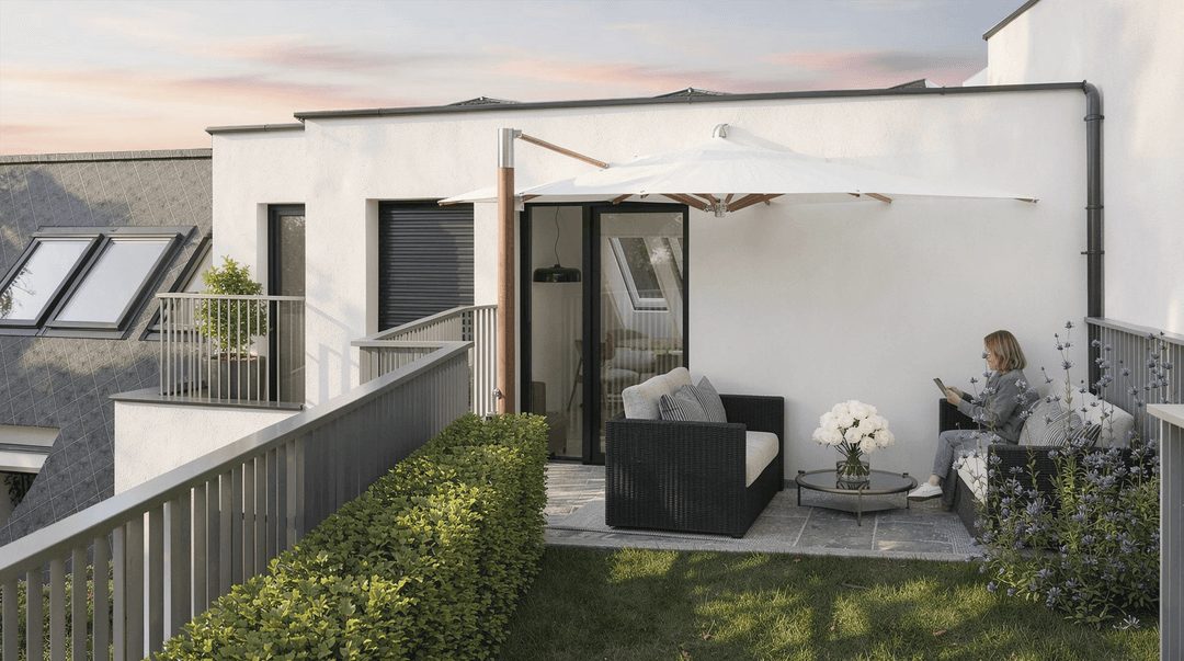Private Terrasse mit Rasenfläche und Sonnenschirm
