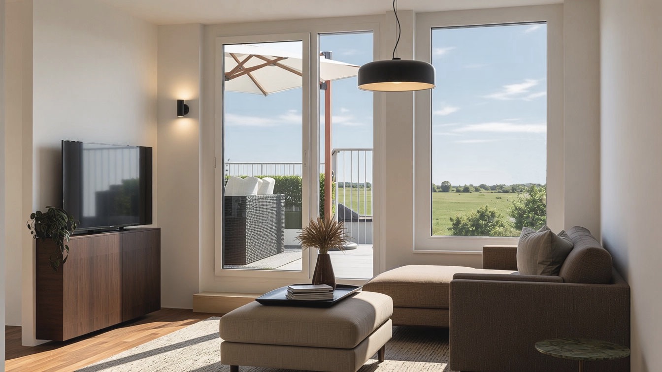 Wohnbereich mit Terrasse und Weitblick ins Grüne